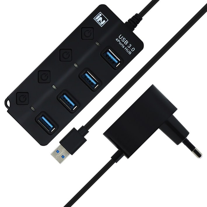 인네트워크 USB 3.0 지원 개별전원 스위치 4포트 확장 유전원 USB허브 INPW3U4BK, 1개
