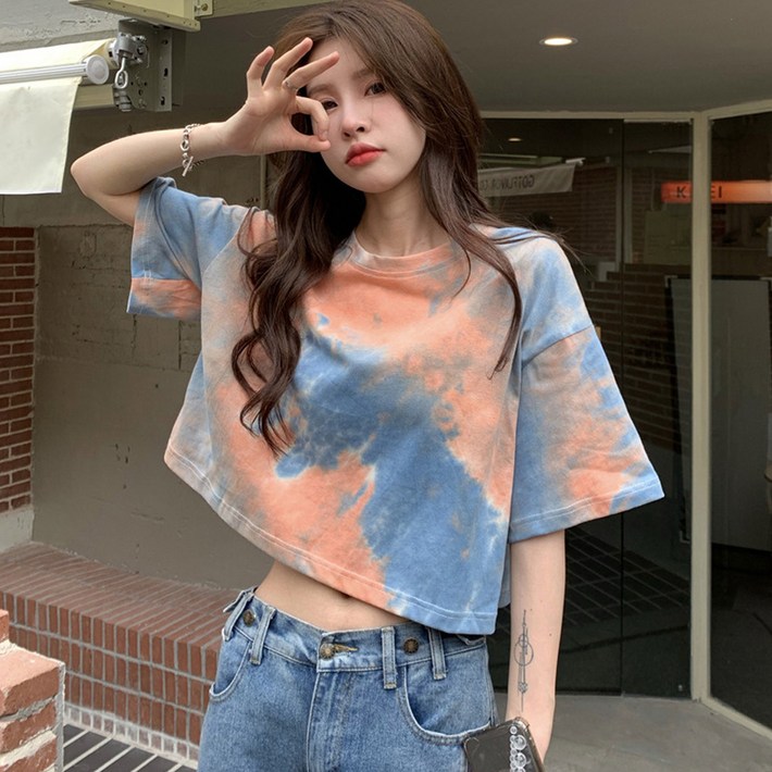 엘쏘 여성용 통기성 그라데이션 프린팅 루즈핏 크롭 반팔 티셔츠