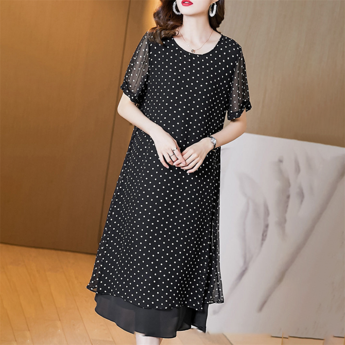 TKX 여름 쉬폰 원피스 중년여성 미디 원피스 도트무늬 반팔 우아한 통기성 쉬폰원피스 빅사이즈