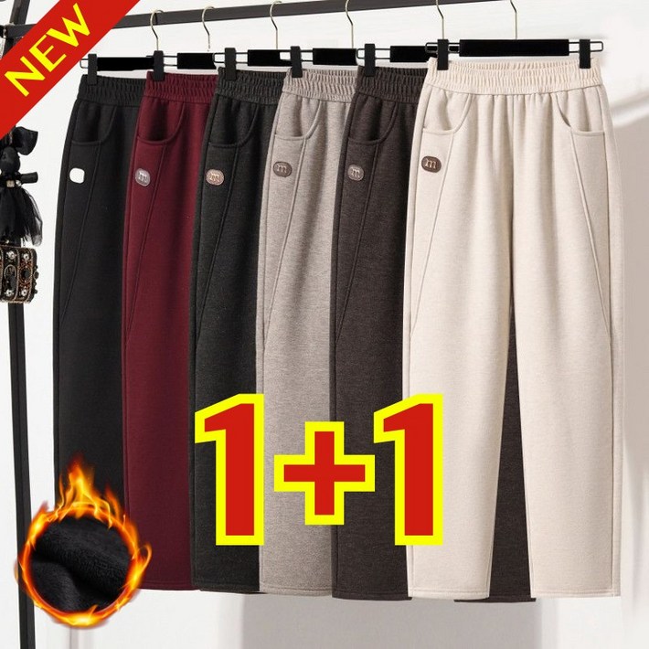 다리 길어보이는 85kg까지 11 빅사이즈 여성 모직 기모 도톰한 배기 팬츠 가을 겨울 편한 패치 디자인 밴딩 중년여성 엄마옷 보온 바람막이 우아한 세련된 일자 9부 바지