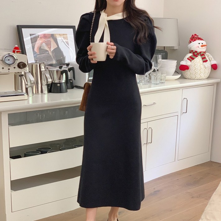 타니즈 카야 어깨퍼프 슬림핏 타이 니트 롱원피스  2 Color 하객룩연말룩추천