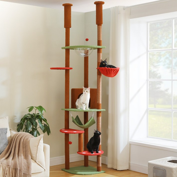 PAWZ Road 6단 대형 플러시 패브릭 캣폴,천장 고정형 트윈 기둥 높이 조절 캣타워 236CM-258CM,스크래쳐 기둥+숨숨집+해먹