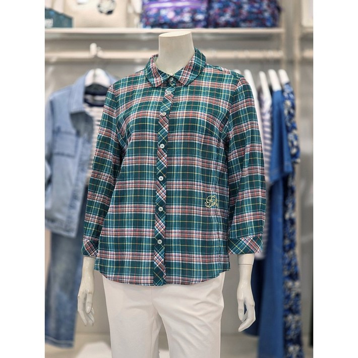 크로커다일레이디 배색 체크 셔츠형 7부 블라우스 CLEMBL202