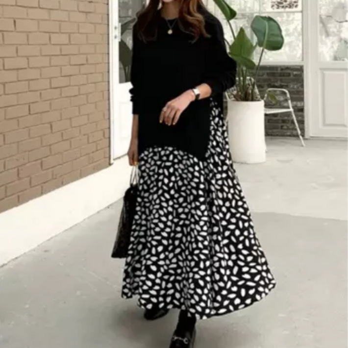 사라포유  여성 오버핏 니트 플레어 롱 원피스 빅사이즈