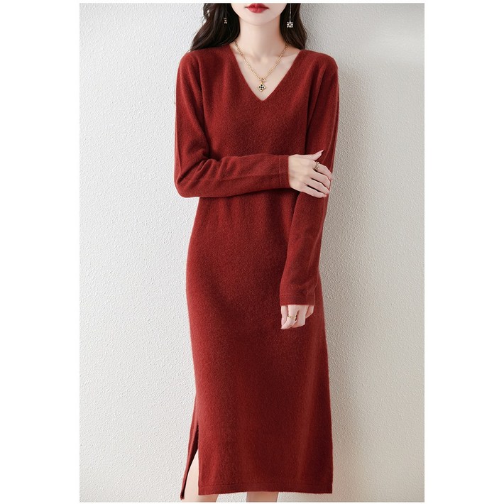 MINA STYLE 브이넥 원피스 니트 롱 옆트임 여성 긴팔 데일리룩