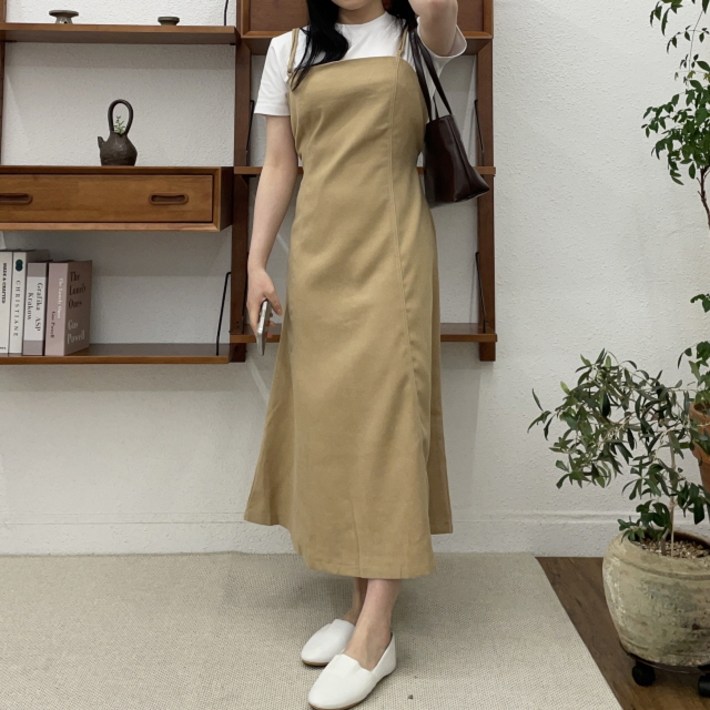 여행룩사계절템꾸안꾸2COLOR더블끈 스티치 스웨이드 뷔스티에 A라인 허리끈 나시 롱 원피스