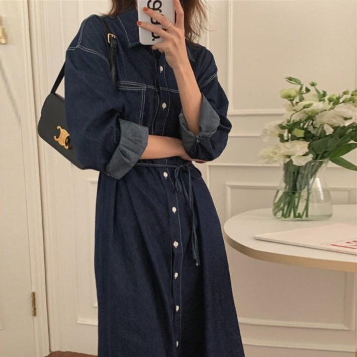 루어스룸 코난 데님 카라넥 허리끈 셔츠 롱 원피스