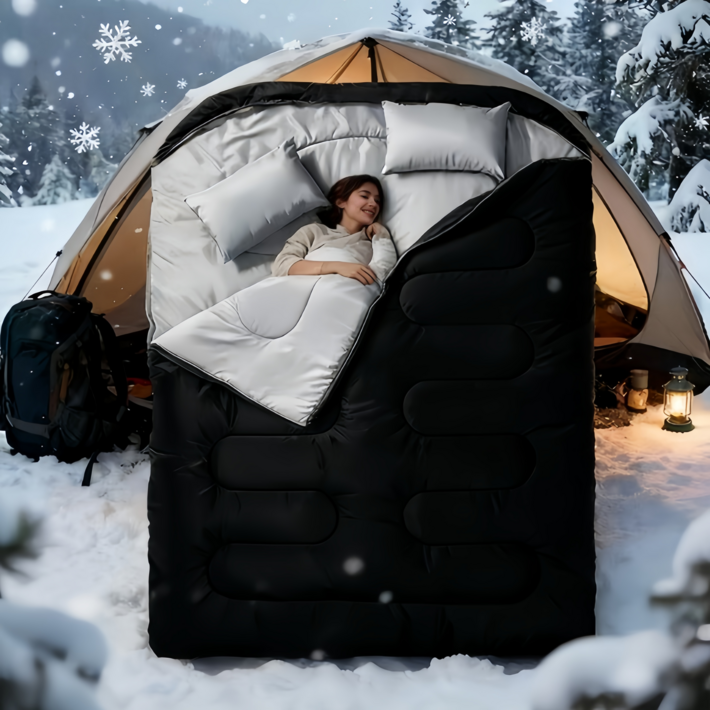 2인 침낭 초대형공간 휴대용 방수 야외 압축 침낭 커플 침낭 캠핑 침낭 동계 이불 3kg 베개 2개포함  수납가방