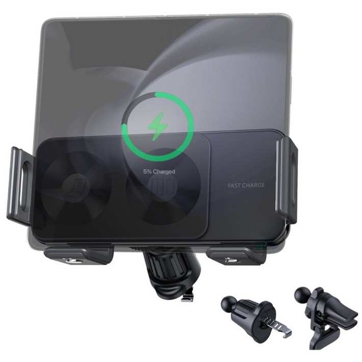 isee아이시 폴드3456호환 차량용 휴대폰 15W고속 무선 충전 거치대, 블랙, 1개
