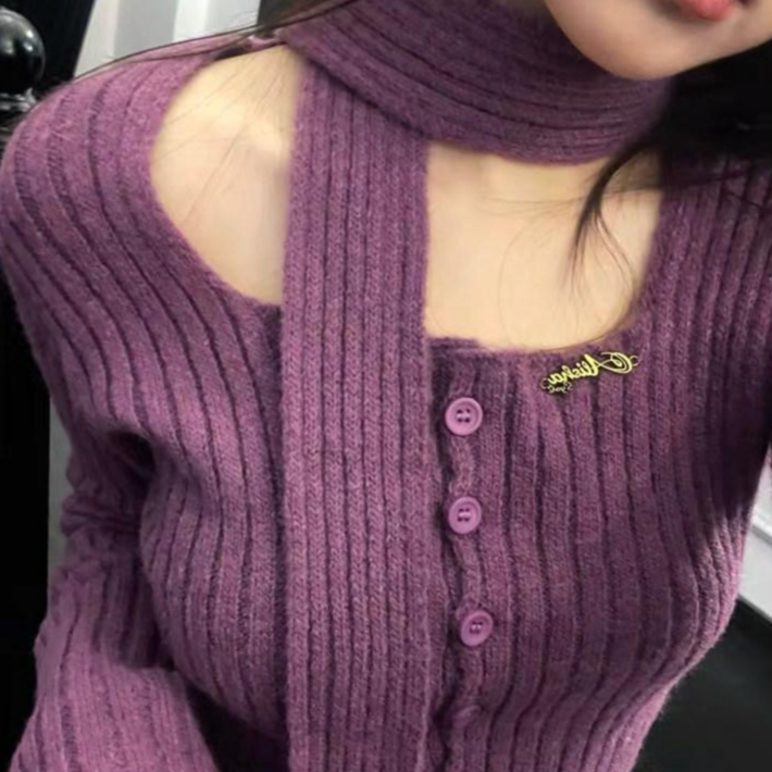 야오야오 스퀘어넥 골지 팬던트 크롭 슬림핏 타이 니트 가디건