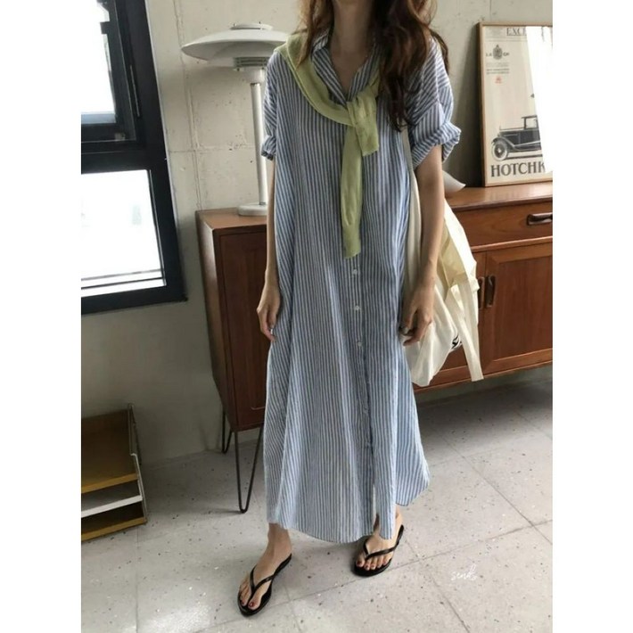 오빵 스트라이프 롱원피스 카라셔츠 빅사이즈 반팔원피스