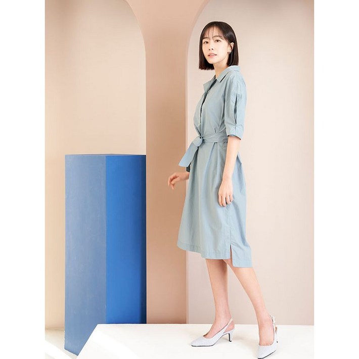 샤트렌 블루 오픈카라 7부 허리리본 원피스 HCCMOP106