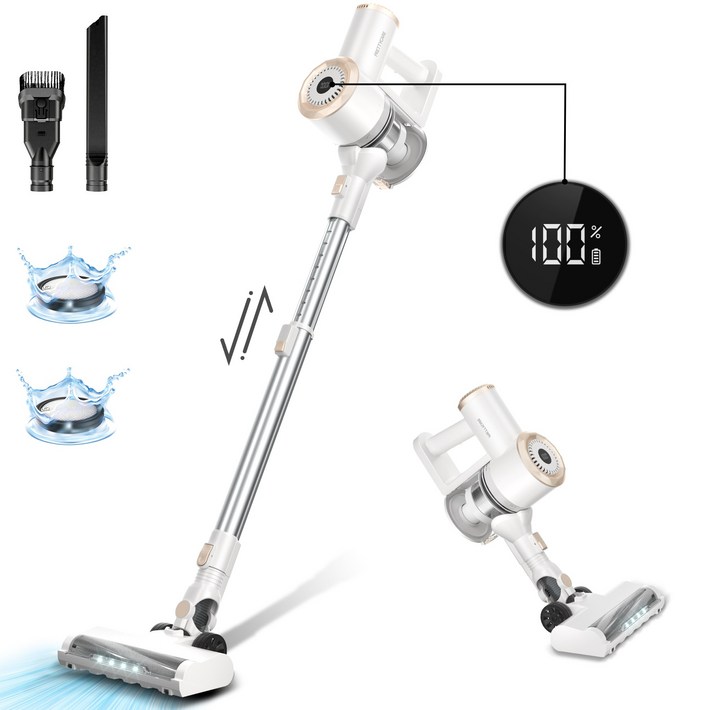 PrettyCare 25KPa의 강력한 흡입력을 가진 스틱형 진공청소기 애완동물 털을 위한 경량 무선, W200 White, White