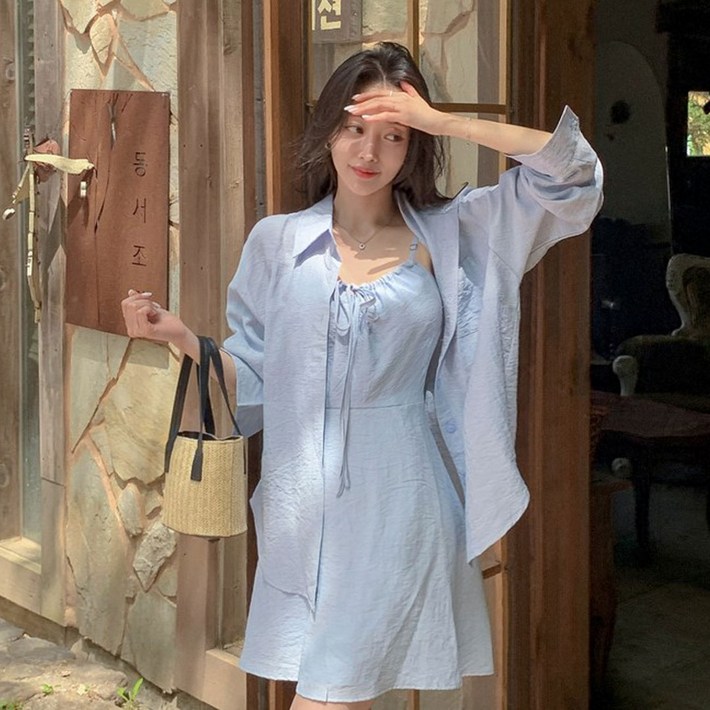떳다그녀 소피넬 셔츠 드레스 투피스 A라인 나시 바캉스룩 리본 셔링 오버핏 블라우스 미니원피스 세트
