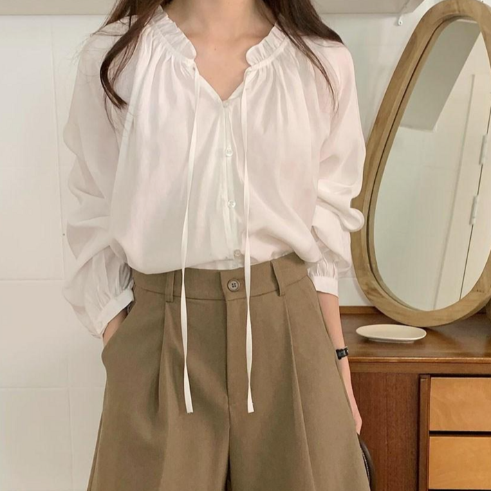 빅사이즈 프릴 여성 러블리 버튼 벌룬 블라우스 빅사이즈 하객룩 셔츠 남방