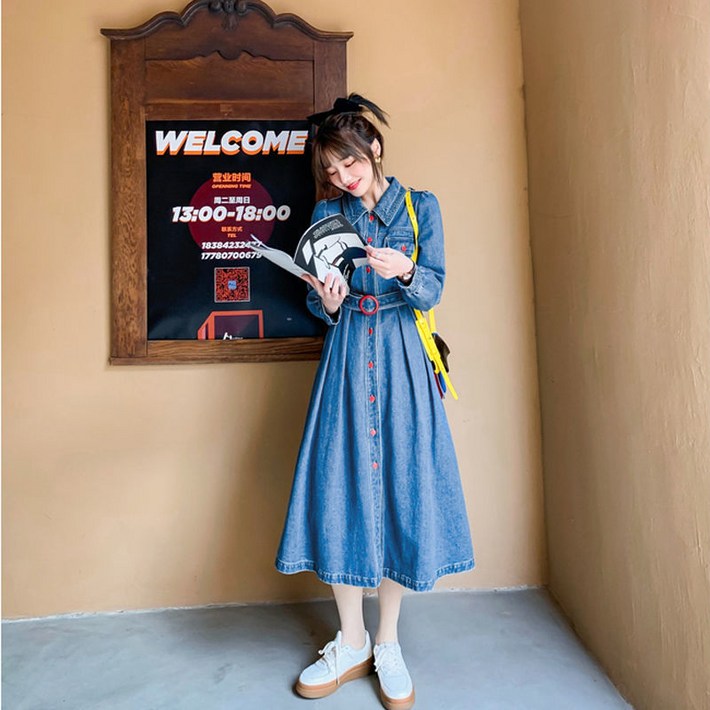 긴팔 데님 원피스 2022년 봄가을용 신상 패션 기질 슬림핏 미디 롱 치마 FC3272