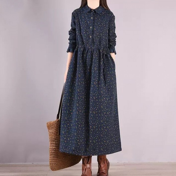 진해스 여성 겨울 기모 긴팔 잔꽃  롱 원피스 6057