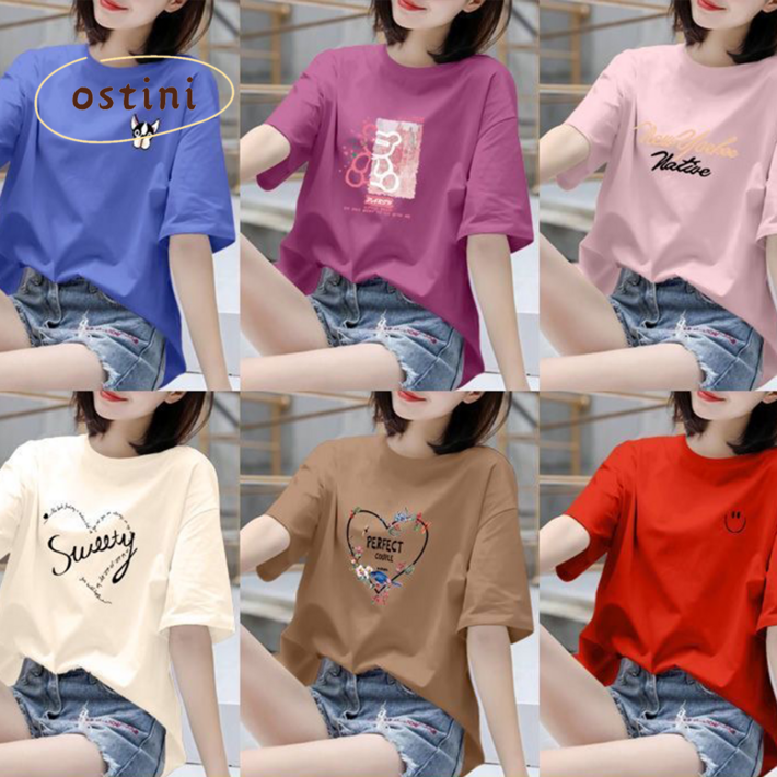 오스틱니 완전 편한 100kg까지 여성 프린트 라운드넥 반팔 티셔츠 여름 추천 빅사이즈 캐릭터 프린팅 홈웨어 학생복 중년 큰옷 여성의류 화이트 블랙 여자 티 6종 세트