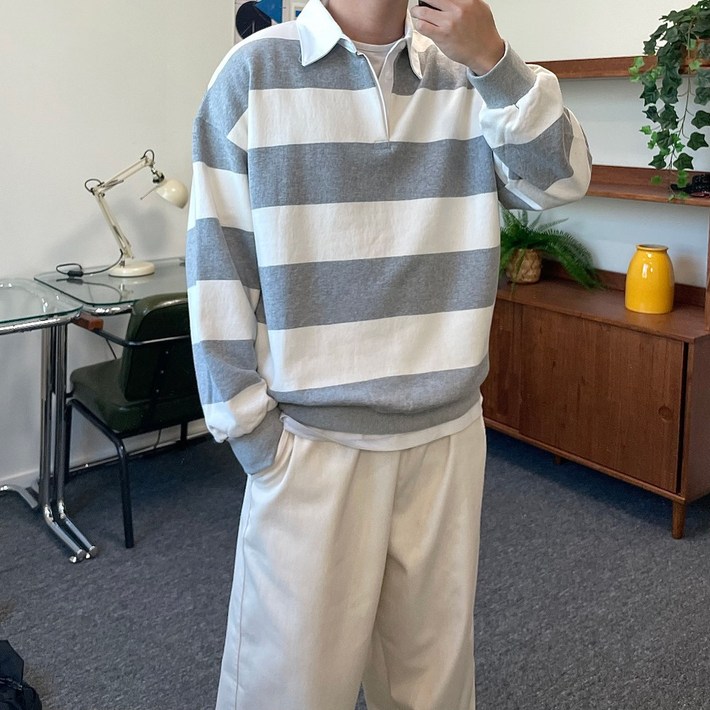 르위 오버핏 단가라 카라 맨투맨 빅사이즈 럭비 티셔츠 남녀공용