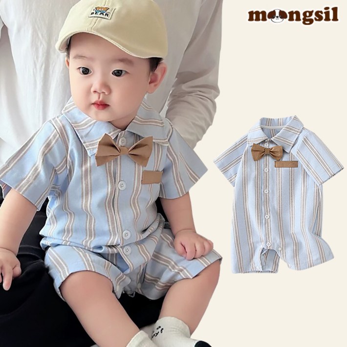 몽실이 블루 스트라이프 보타이 우주복 아동용 남아용 캐주얼 여름용 반팔 외출복