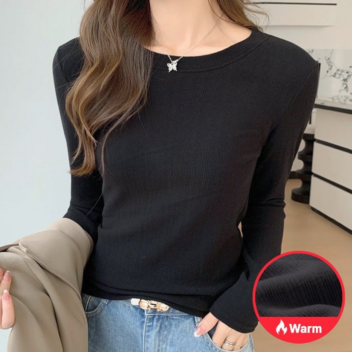 허블리 여성 베이직 기모 라운드 긴팔 티셔츠