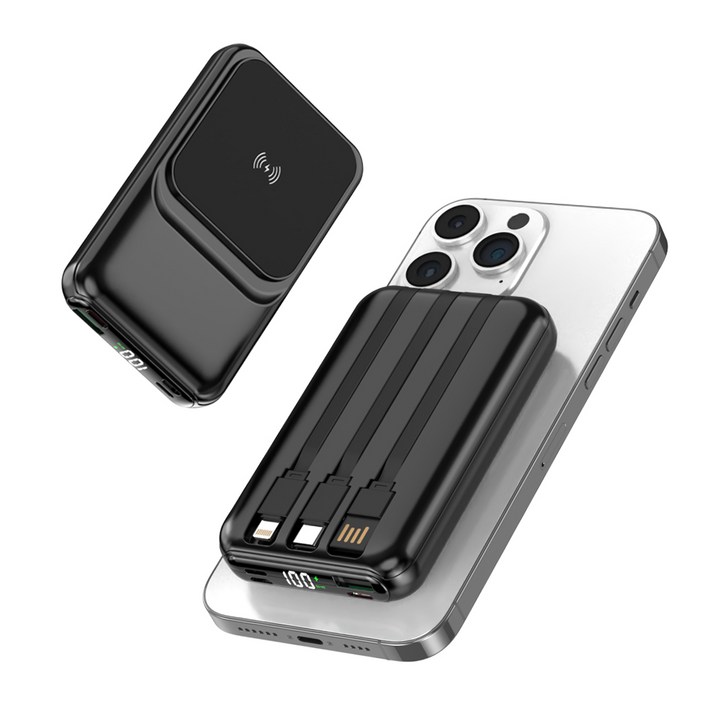 맥세이프 호환 보조배터리 20000mAh 대용량 무선 고속충전 케이블 일체형 잔량표시, 블랙, 1개 맥세이프 호환 보조배터리 20000mAh 대용량 무선 고속충전 케이블 일체형 잔량표시, 블랙, 1개