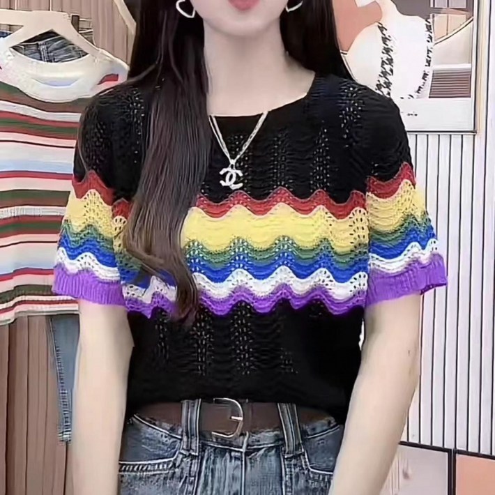 해피유통 여성  레인보우 스트라이프 펀칭 니트 반팔 쇼트 톱 jhy