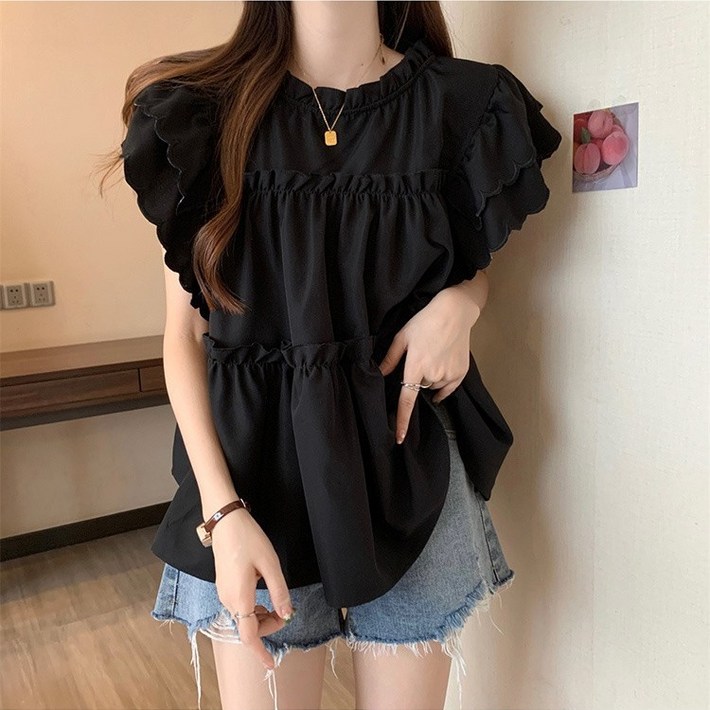 크레스티 여성 여름 벌룬 프릴 반팔 일상 숙녀 블라우스 루즈 톱