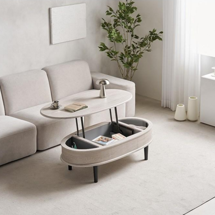 국내제조 듀얼리프트기계 빠른출고 템바 타원형 거실리프트업테이블, 워시그레이