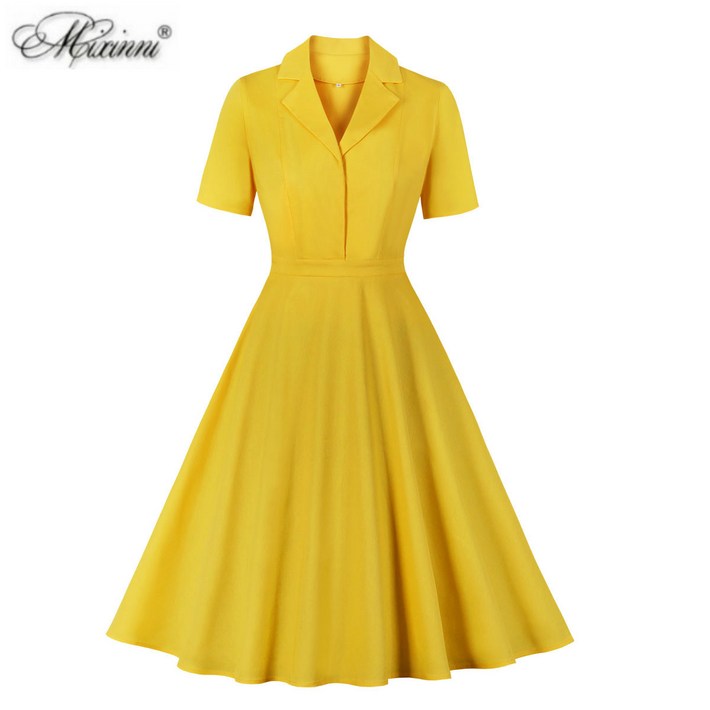 옐로우 노란 원피스 라라랜드 햅번 복고풍 레트로  단정한 귀여운 심플한 편한