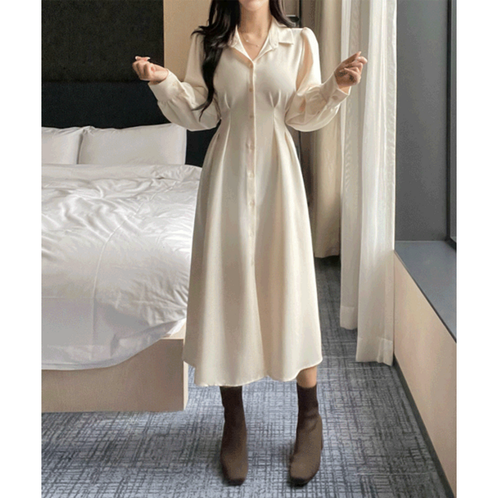 무드 핀턱 카라 셔츠 뒷리본 플레어 에이라인 롱원피스