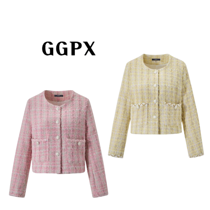 백화점발송GGPX 여성 자켓 2color 러블리 라운드넥 진주 버튼 트위드 체크 자켓 아우터 점퍼 캐주얼 데일리 하객룩 여행