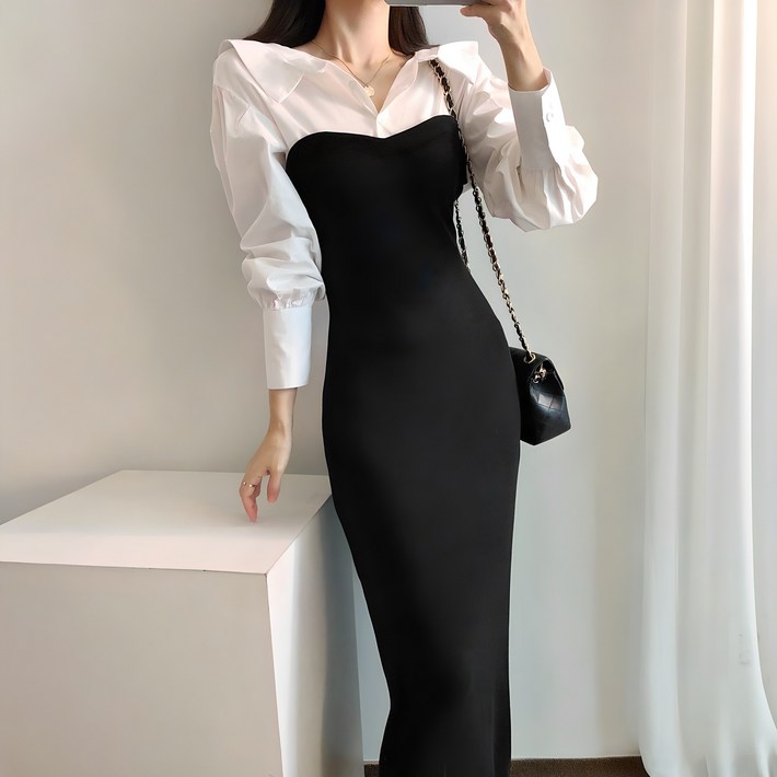 요시아나 당일발송 멋스러운 엘레노어 셔츠 핏 블랙 배색 롱 원피스 요시아나 당일발송 멋스러운 엘레노어 셔츠 핏 블랙 배색 롱 원피스