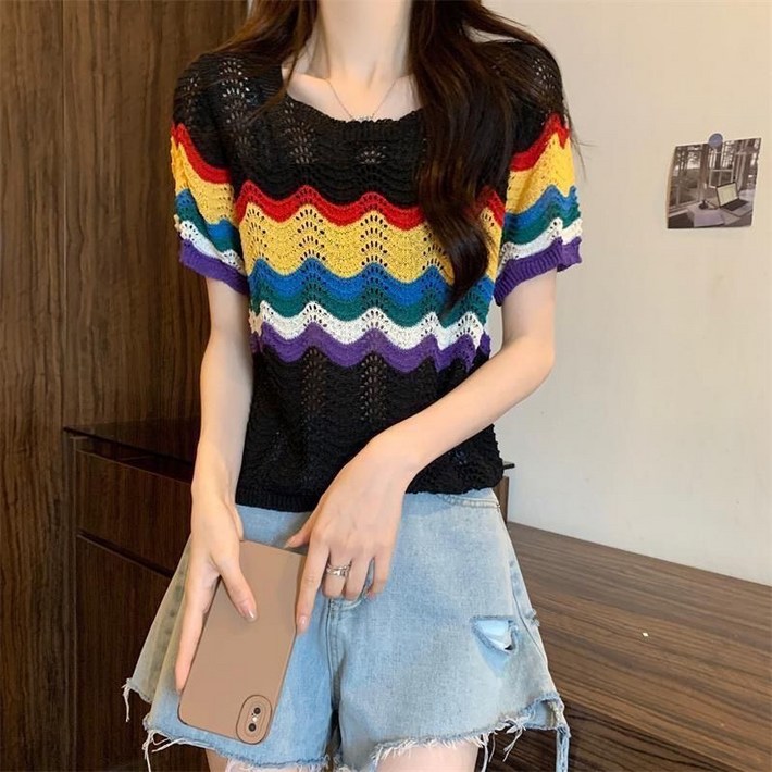 PETITBATH 레인보우 스트라이프 얇은 펀칭 니트 여자 티  W1871