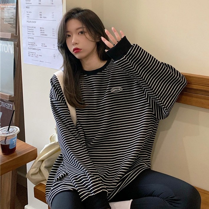 후암마켓 여성 루즈핏 스트라이프 긴팔 맨투맨 티셔츠