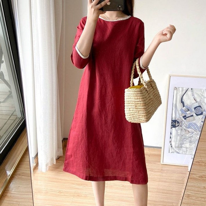 여성 면 마 원피스 5부 소매 스트레이트 롱 원피스 간단한 순색 미디원피스 여자 홈웨어 데일리복