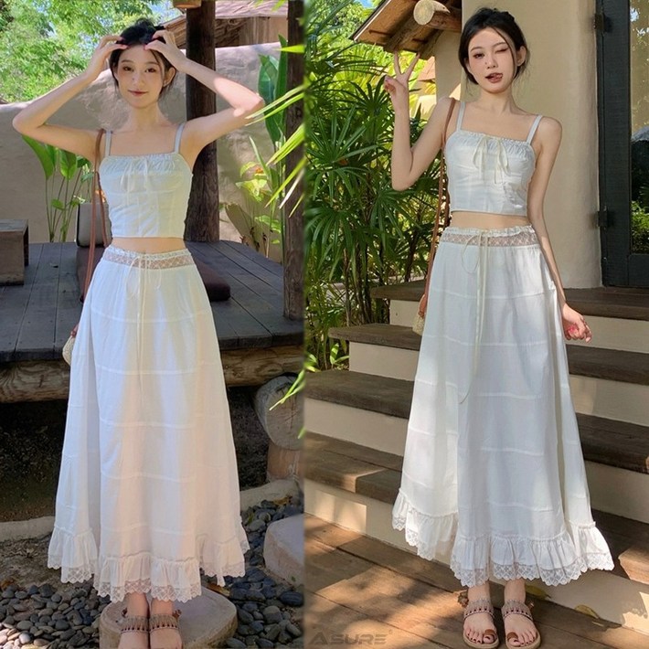 Asure 투피스 여성 봄 여름 레이스 끈나시스커트 바캉스룩 데이트룩