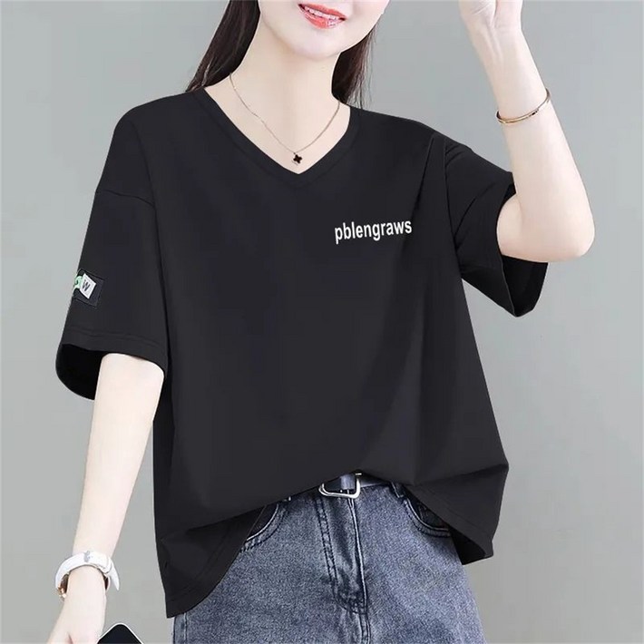 besteffie 여성용 캐주얼 반팔 티셔츠 여름 신상 면 소재 V넥 루즈핏 프린팅 티셔츠 K51