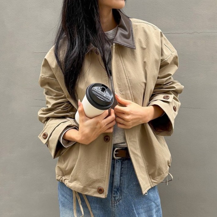 여성용 코튼 레더 배색 카라 워크 자켓 3color