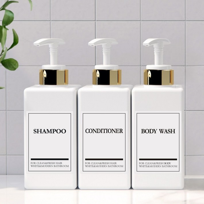 모든집 호텔 욕실 디스펜서 샴푸통 500ml방수라벨 3구 세트, 1세트, 욕실세트500ml백색용기골드펌프영문3종