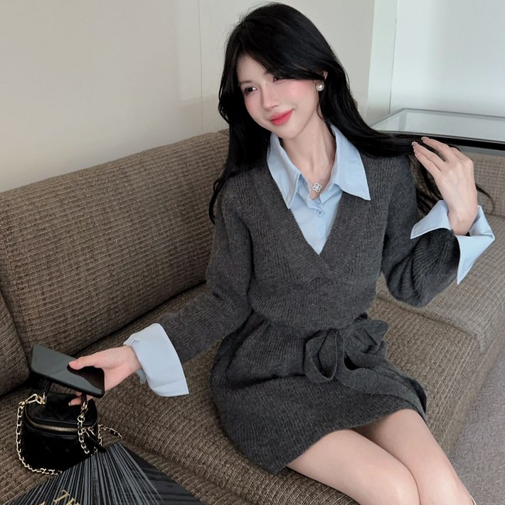 BIKASU 여자 겨울 플리츠 원피스 슬림핏 하객 니트 페이크 레이어드 키작녀 미니원피스