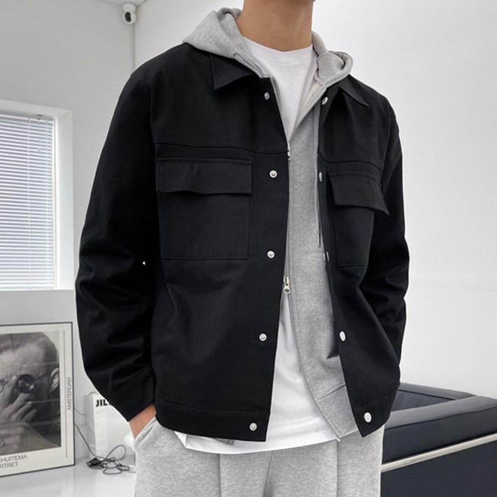 비켄드스튜디오 남성용 캐주얼 오버핏 면 코튼 투포켓 트러커 자켓 1055