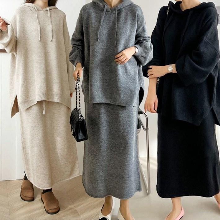울혼방 베이직 니트 후드 롱스커트 세트  여성 니트 투피스  캐주얼 꾸안꾸 데일리룩