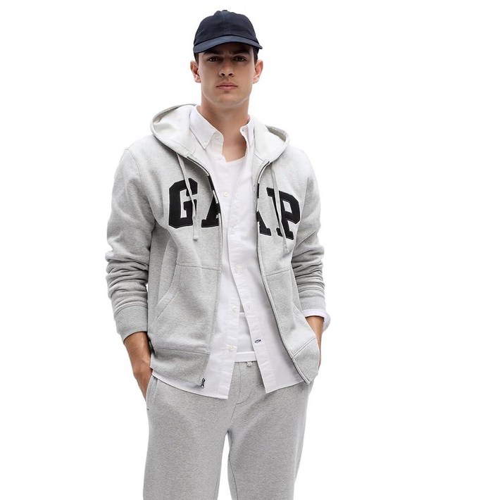 GAP 남성용 로고 헤리티지 후드 풀 지퍼 스웨트셔츠, 라이트 헤더 그레이