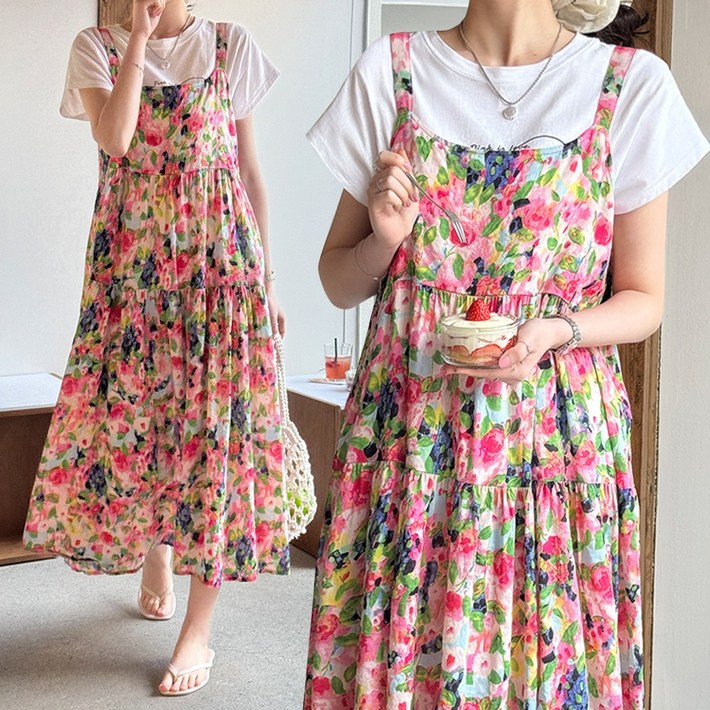 데일리앤 퍼스트 꽃무늬 셔링 레이어드 끈 나시 원피스 빅사이즈 휴양지 여름 롱 뷔스티에