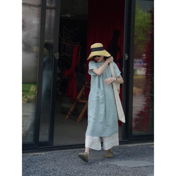 비아이와이 여성 여름 데일리룩 라운드넥 큰포켓 롱원피스 DH1281