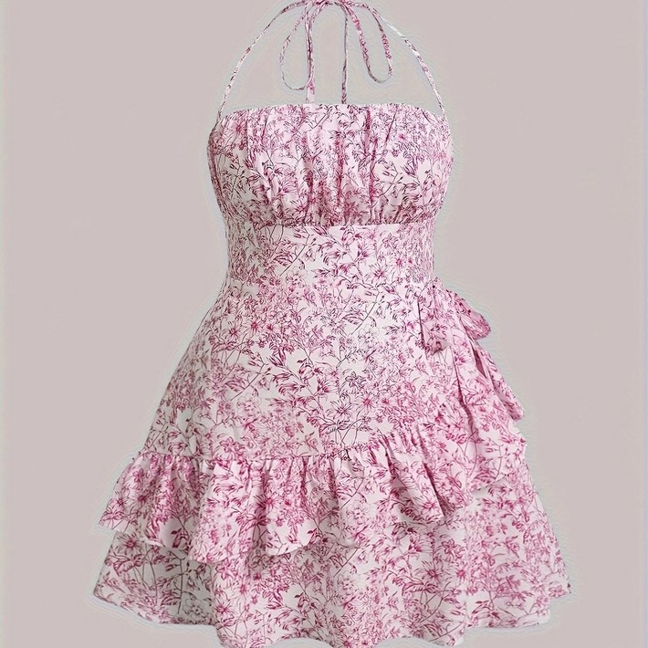 휴양지원피스 베트남여행룩 다낭 블룸 봄과 여름 위한 고급 무소매 드레스 플러스 사이즈 플로럴 프린트 러플 트림 홀터 여성용 의류