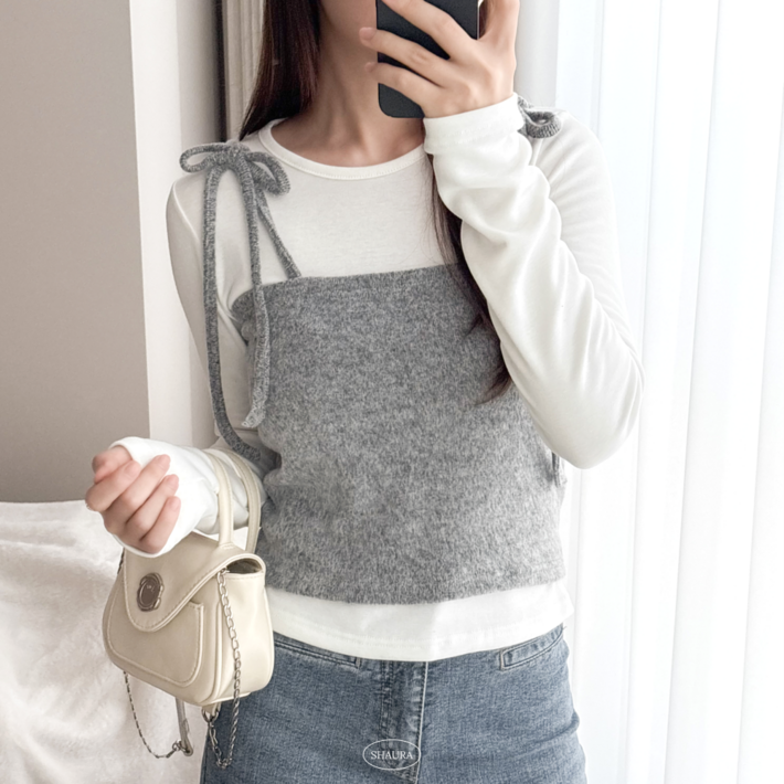 샤우라 로맨틱 리본 데이트룩 긴팔 레이어드 뷔스티에