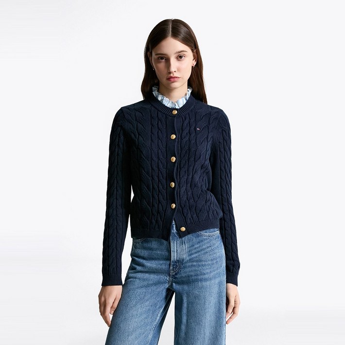 타미힐피거 우븐 칼라 케이블 가디건 T22F9KCD091WT1C1G