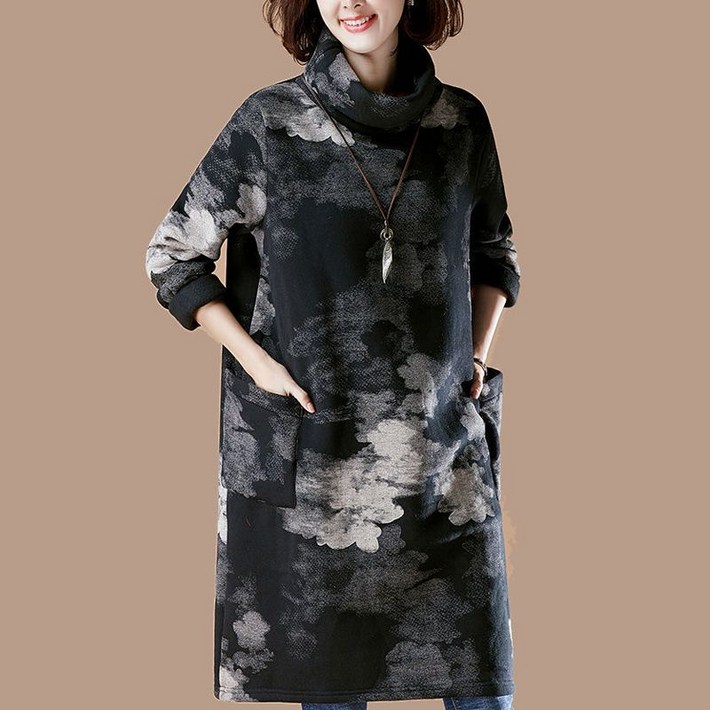 COSYEVNO 여성 원피스 패딩 겨울 터틀넥 스타일리쉬한 루즈핏 프린트 캐주얼 우아함 4050대 엄마 롱스커트 CXJ19